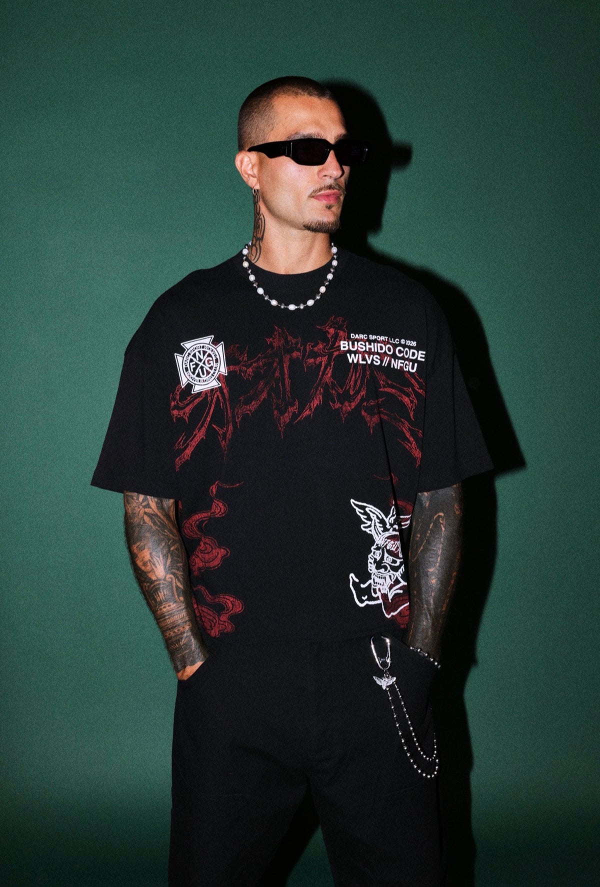 Bushido Wolves Flames Premium Oversized Tee in Black