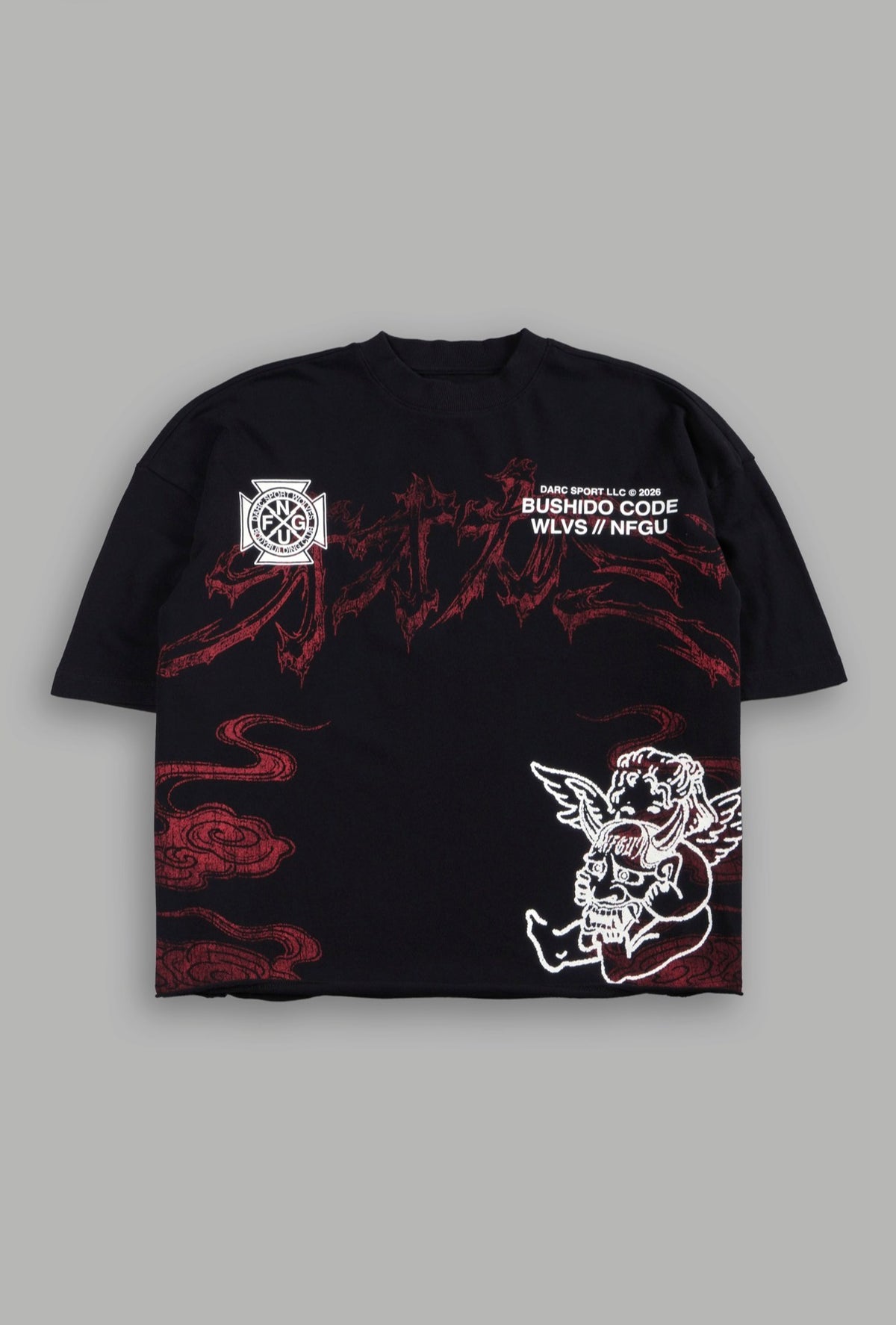Bushido Wolves Flames Premium Oversized Tee in Black
